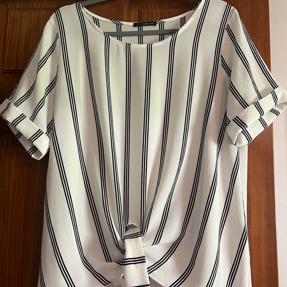 White Tie Front Blouse with Cuffed Short Sleeves